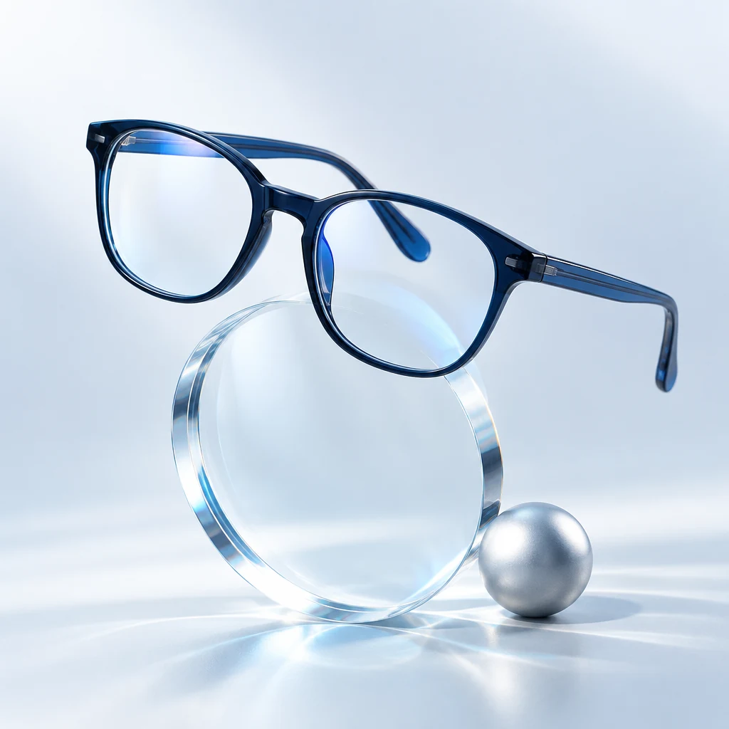 Montura azul profundo suspendida sobre una lente de cristal, junto a una esfera plateada.